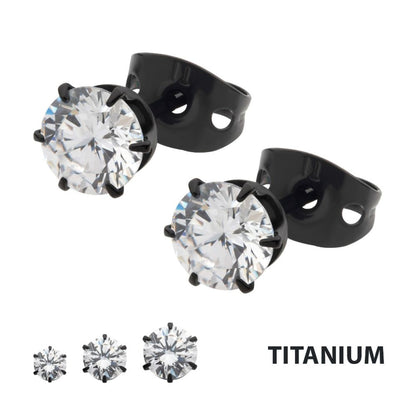 Black Titanium Post and Butterfly Back with 6-Prong Gem Stud Earrings
