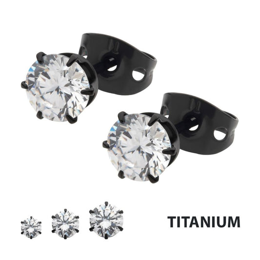 Black Titanium Post and Butterfly Back with 6-Prong Gem Stud Earrings
