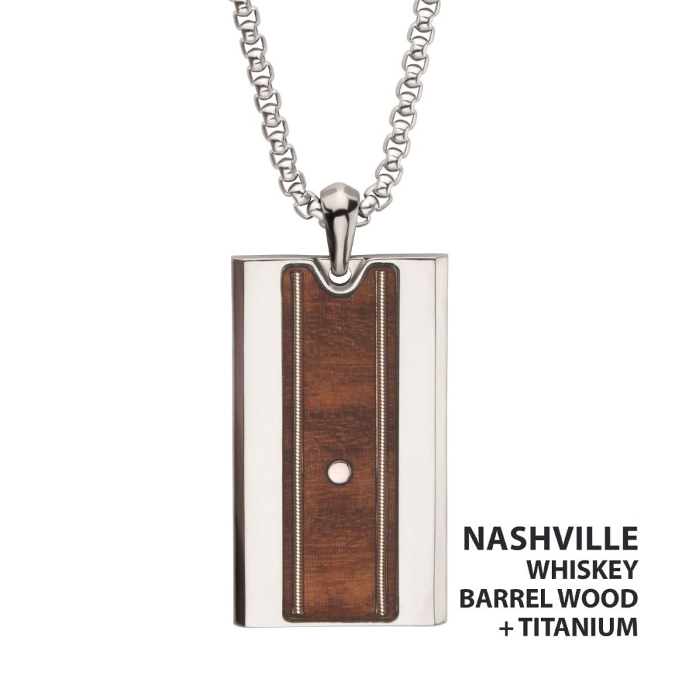 Mens  Titanium & Whiskey Barrel Wood Inlay with Embedded Guitar String Pendant