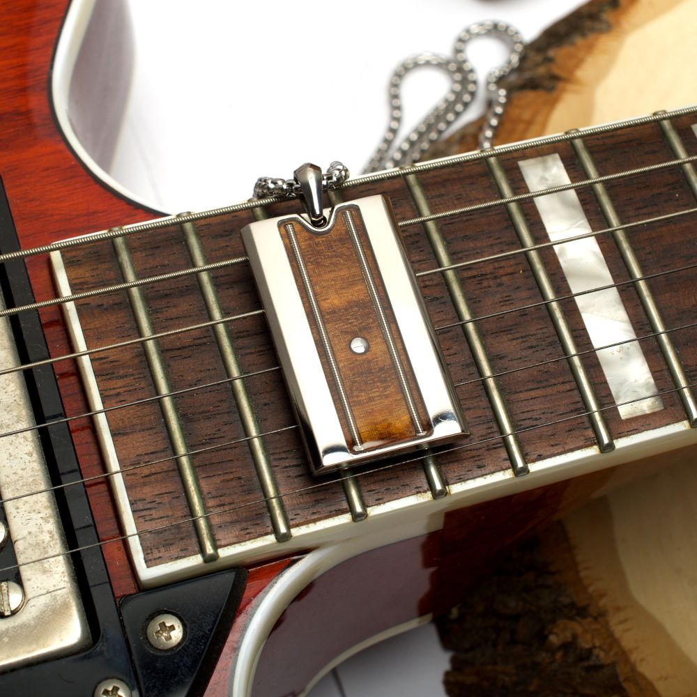 Mens  Titanium & Whiskey Barrel Wood Inlay with Embedded Guitar String Pendant